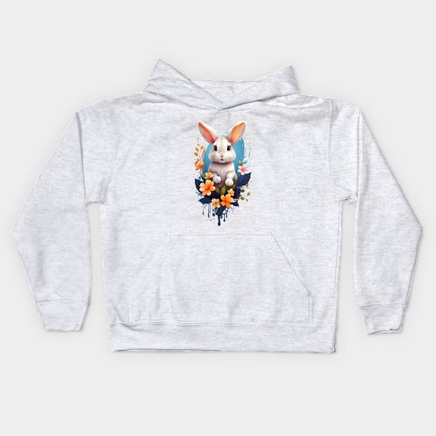 Cute Rabbit With Splash Flower Kids Hoodie by intuneric